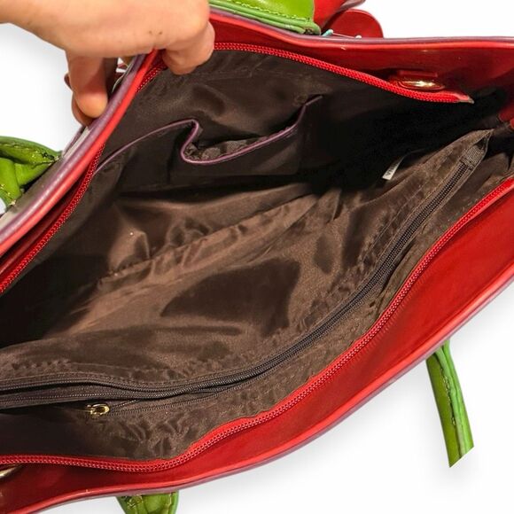 3D FLORAL Purple Red Green Leather Tote Shoulder Bag - Picture 3 of 6